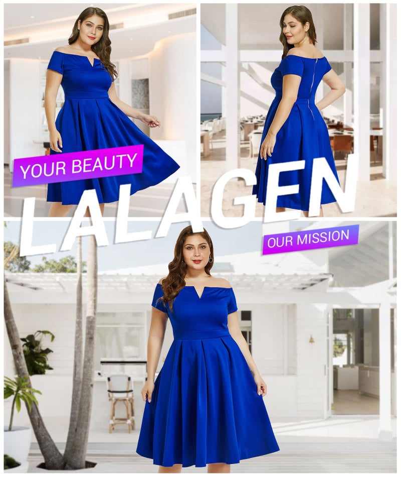 LALAGEN Women's Plus Size Vintage 1950s Party Cocktail Wedding Swing Midi Dress Blue XXXL - Image 4